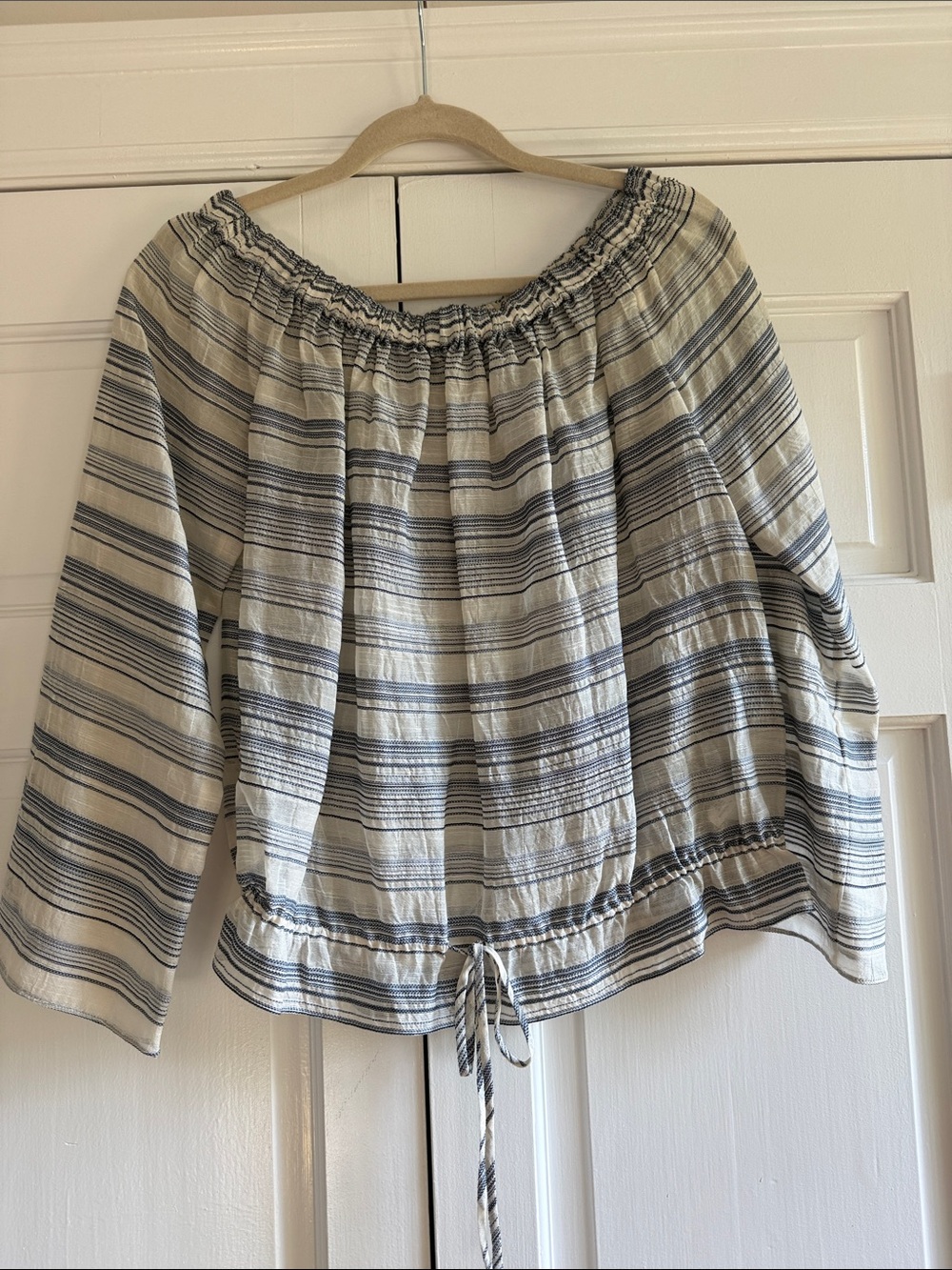 Theory Striped Off-Shoulder Drawstring Top - Cream & Blue